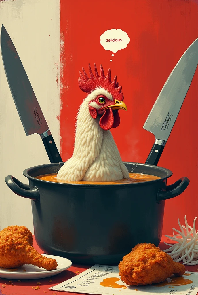 A red and white background, a pot with a fire underneath and a live chicken inside the pot, a crossed two knifes on the top, a fried chicken on aside, the chiken in the pot looking at the fried chicken write "Delicious ..." as a thought on the top of the chicken head, a recipe on the left corner 
