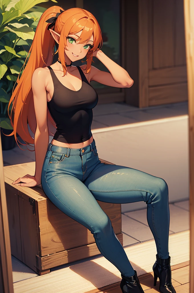 ((best quality)), ((masterpiece)), (detailed), (tanned skin), perfect face, one girl, Young elf girl, wide hips, small breasts, slender body, big thighs, beautiful legs, medium orange hair,  green eyes, wearing black tank top, jeans pants, heels boots with ponytail, relaxed pose, smiling , indoors background