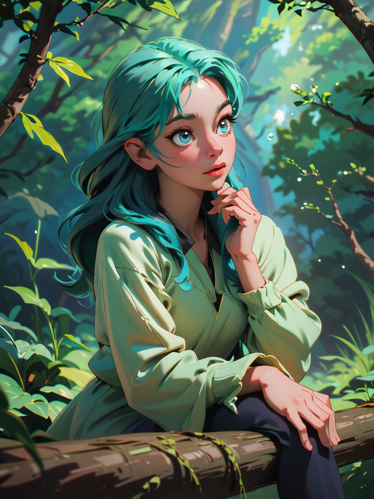 a young girl sitting on a mossy log in a tranquil forest, sunlight filtering through the dense canopy, casting soft, dappled light on her, large, luminescent wings gracefully soaring above the treetops, surrounded by birds and a clear blue sky in a dream bubble above her, vibrant and magical scene inside the bubble contrasting with the calm, earthy tones of the forest, blend of serenity, wonder, and the longing to break free and explore the skies, (best quality,4k,8k,highres,masterpiece:1.2),ultra-detailed,(realistic,photorealistic,photo-realistic:1.37),extremely detailed eyes and face, beautiful detailed lips, longeyelashes, portrait, fantasy, natural lighting, lush forest, magical realism, vivid colors