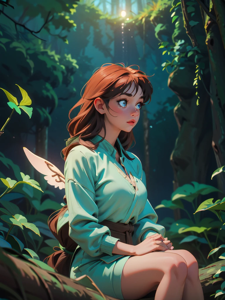 a young girl sitting on a mossy log in a tranquil forest, sunlight filtering through the dense canopy, casting soft, dappled light on her, large, luminescent wings gracefully soaring above the treetops, surrounded by birds and a clear blue sky in a dream bubble above her, vibrant and magical scene inside the bubble contrasting with the calm, earthy tones of the forest, blend of serenity, wonder, and the longing to break free and explore the skies, (best quality,4k,8k,highres,masterpiece:1.2),ultra-detailed,(realistic,photorealistic,photo-realistic:1.37),extremely detailed eyes and face, beautiful detailed lips, longeyelashes, portrait, fantasy, natural lighting, lush forest, magical realism, vivid colors