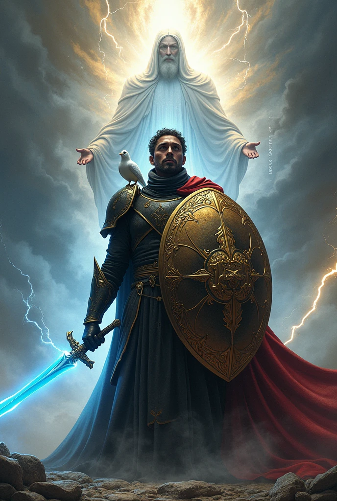 A soldier wearing an armor with a black color and golden edge, kneeling down only on the right  leg,blue sword on his right hand, A golden shield on the left hand, Christ with no face standing behind the soldier with no face, a lightning all over the place,a dove on the shoulder of the soldier 