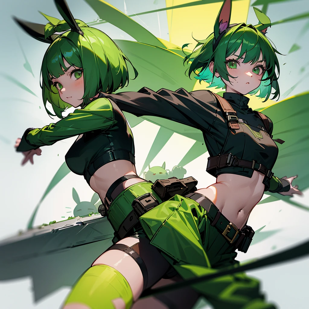 Green rabbit ears, green animal ears, a girl, bob cut, green hair, green eyes, look young, alone, short,  tiny,Lolita, childhood, belt, waist bag, waist pouch, cyberpunk, with a combat axe, combat axe fighting, fighting, running at full speed