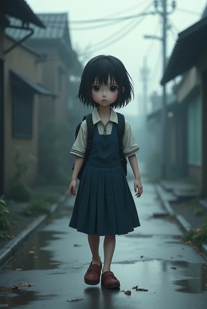 Sad girl walking to schhol wearing slipper