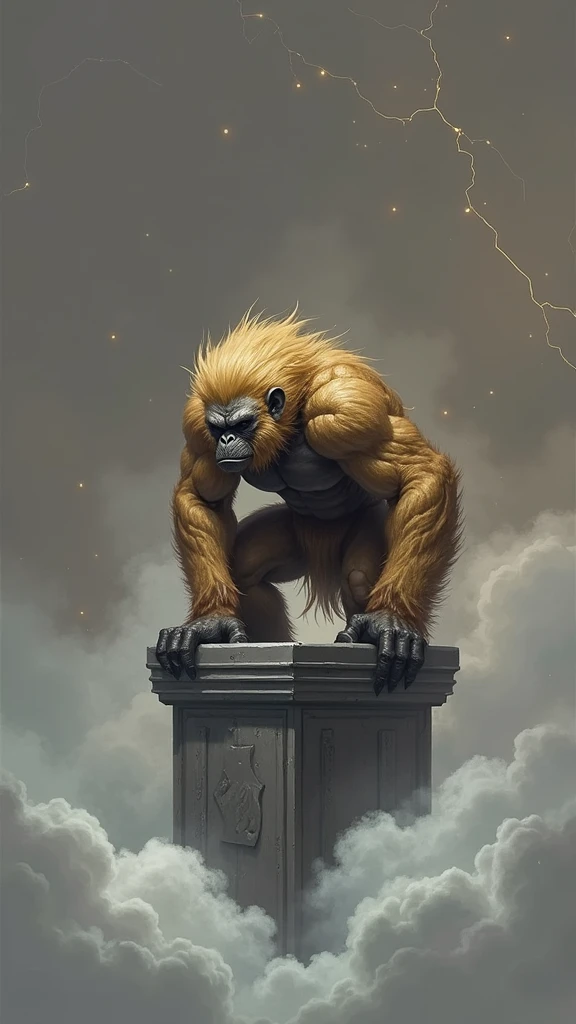 A fierce warrior with animalistic features、Create an epic fantasy illustration of the Black Mystery Wu Kong,Angry, Resembles a powerful monkey, The warrior is crouching on a pedestal,, He is muscular, A body covered in golden fur, With a wild mane, Golden hair and fierce, A look of determination, The background is foggy and atmospheric., Clouds and smoke swirling, Give the scene a mystical feel, Otherworldly feeling. Your color palette should include dark and muted tones,