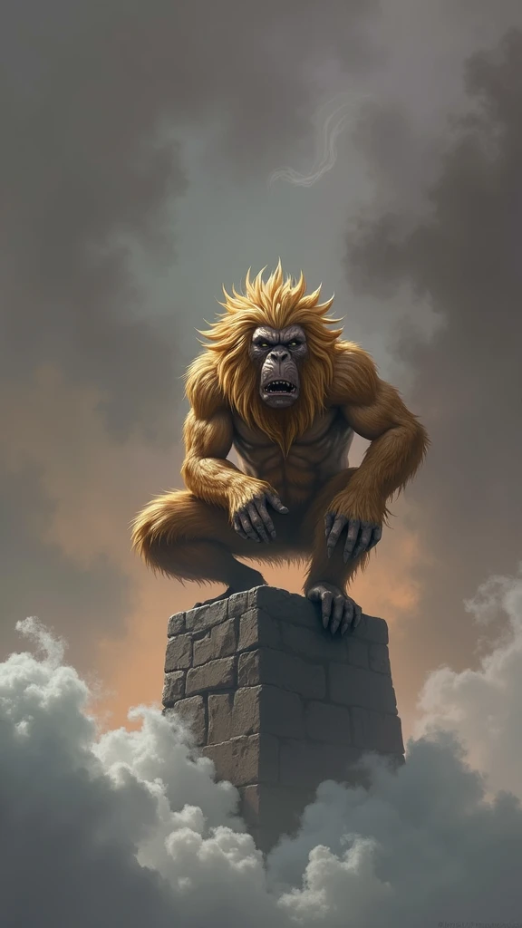 A fierce warrior with animalistic features、Create an epic fantasy illustration of the Black Mystery Wu Kong,Angry, Resembles a powerful monkey, The warrior is crouching on a pedestal,, He is muscular, A body covered in golden fur, With a wild mane, Golden hair and fierce, A look of determination, The background is foggy and atmospheric., Clouds and smoke swirling, Give the scene a mystical feel, Otherworldly feeling. Your color palette should include dark and muted tones,