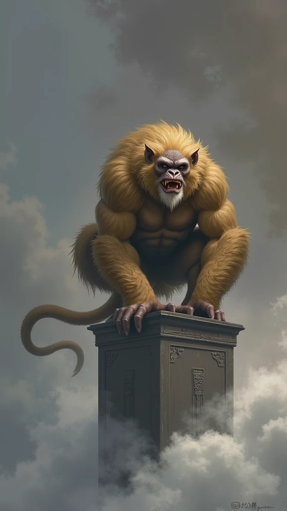 A fierce warrior with animalistic features、Create an epic fantasy illustration of the Black Mystery Wu Kong,Angry, Resembles a powerful monkey, The warrior is crouching on a pedestal,,  He is muscular, A body covered in golden fur, With a wild mane, Golden hair and fierce, A look of determination,  The background is foggy and atmospheric., Clouds and smoke swirling, Give the scene a mystical feel, Otherworldly feeling. Your color palette should include dark and muted tones,
