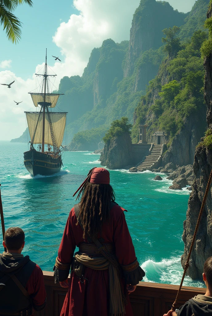 Imagine Jack Sparrow arriving at a mysterious, uncharted island with the Black Pearl, discovering ancient ruins and hidden dangers.