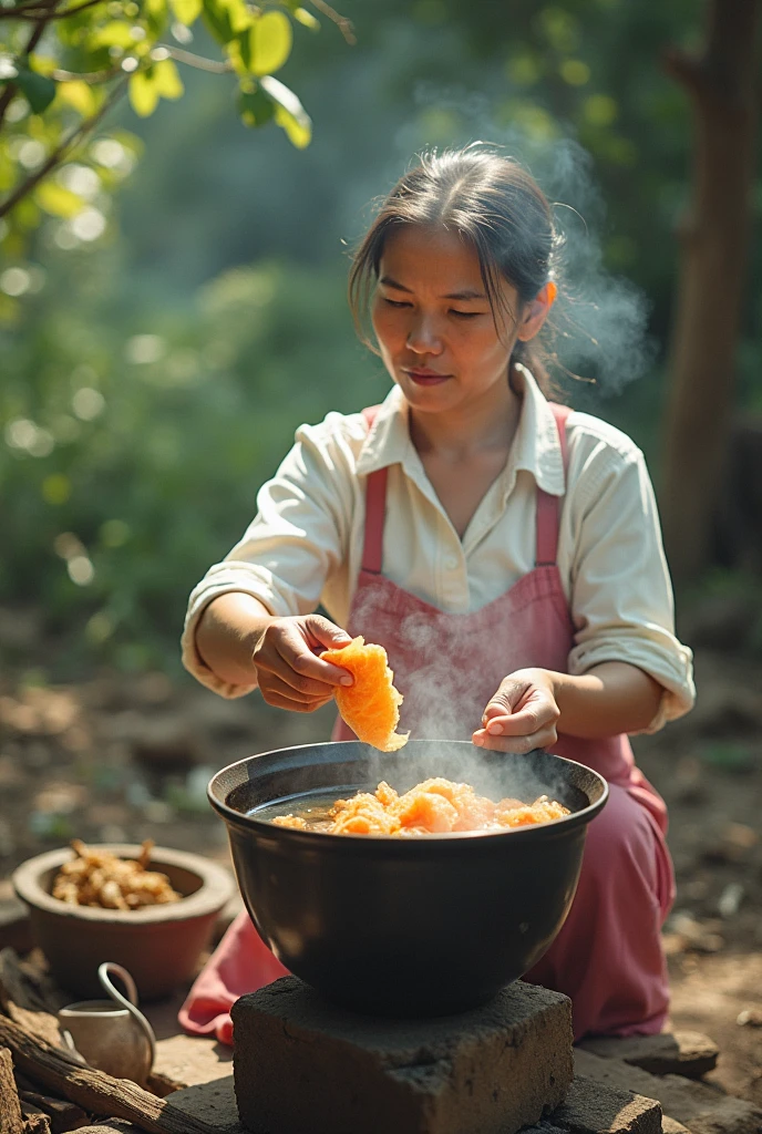 Image of a gentle 40-year-old woman in Vietnam putting a handful of dried grapefruit peels into a pot of boiling water ,smoke billowing from the wood stove ,Summer scene in Vietnamese countryside in the 1990s,sunny, nostalgia, simple and beautiful color scheme, flat color