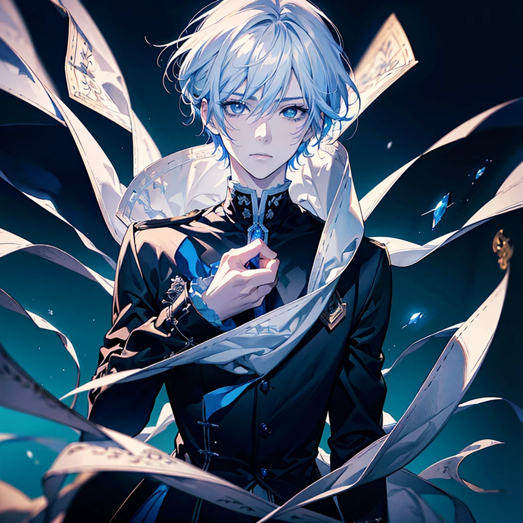 a tall anime man with short silver hair and blue eyes, wearing a suit and a white and blue cape holding a sword, male anime character, beautiful androgynous prince, official art, key anime art, (best quality, 4k, 8k, highres, masterpiece:1.2), ultra-detailed, (realistic, photorealistic, photo-realistic:1.37), highly detailed facial features, extremely detailed eyes and face, detailed clothing, beautifully shaded, dramatic lighting, cinematic composition, vibrant colors, digital painting, anime style, dynamic pose, intricate details, ornate design, simple light-colored background,