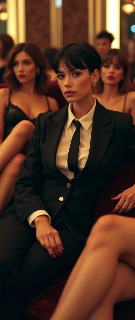 a stylish tomboy woman in casino short hair in a suit and tie with sleek pistol reclining while laying flat, touching basking in multiple girls laying around her their legs visible in the frame, fashion,elegant,glamorous posture (best quality,4k,8k,highres,masterpiece:1.2),ultra-detailed,(realistic,photorealistic,photo-realistic:1.37),HDR,UHD,studio lighting,ultra-fine painting,sharp focus,physically-based rendering,extreme detail description,professional,vivid colors,bokeh,portrait,high fashion,elegant,glamorous,cinematic,dramatic lighting,moody,mysterious,sensual,sophisticated