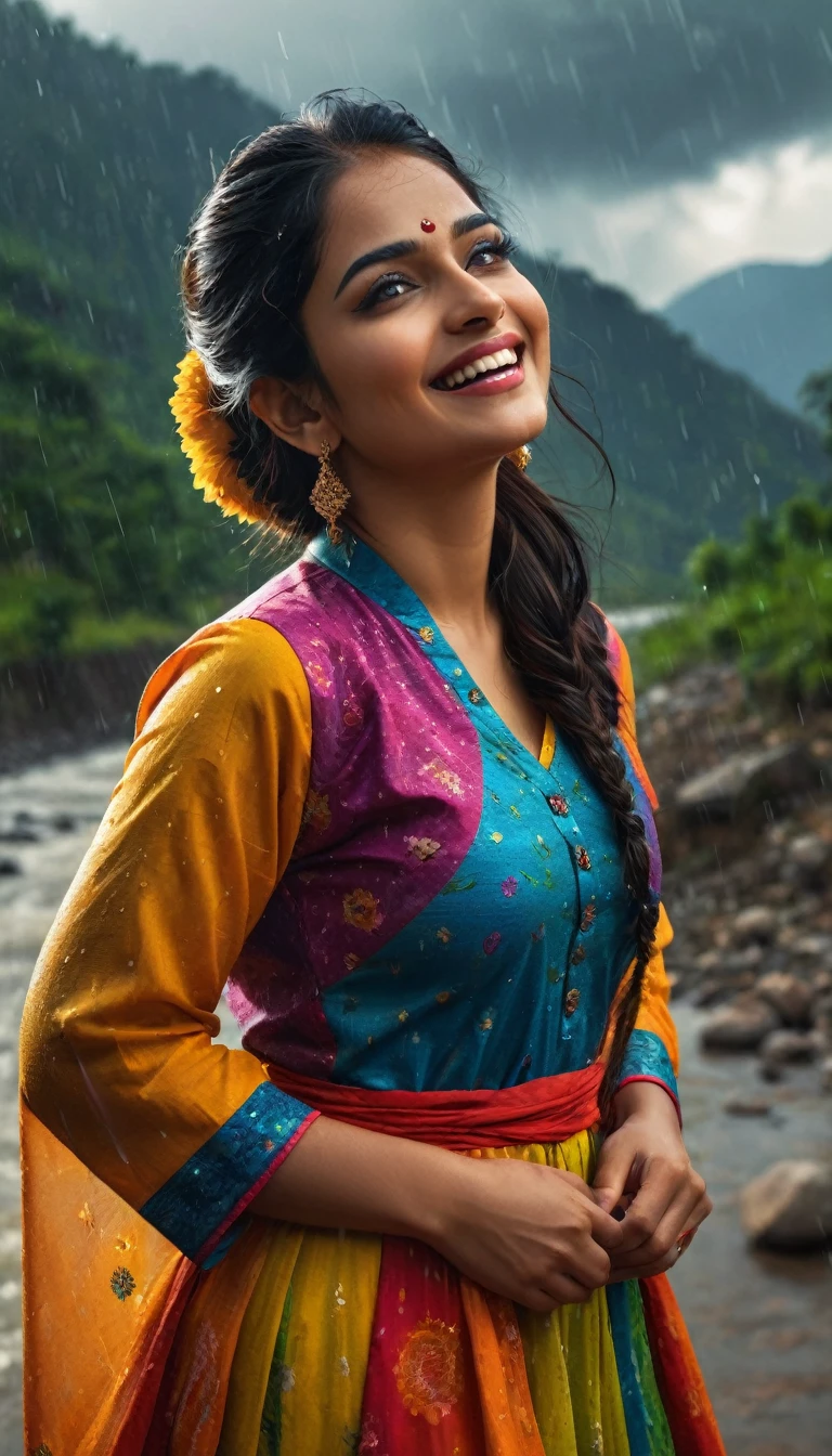 Indian woman Joyfully enjoying rain, Hill station, mountain, river flowing, cloud weather, wearing colourful long kurta & long skirt, mountain, raining, Studio lighting, beautiful detailed eyes and lips, long eyelashes, realistic rendering, vibrant hues, high resolution, ultra-detailed, realistic rendering, high-resolution masterpiece, (woman's appearance is curved and attractive), smiling/ laughing/ joyfully face expression, (Elegant hairstyle), Erotic pose,