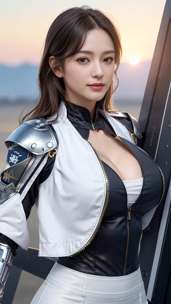 (Highest quality, 8k, 32K, masterpiece, 超High resolution:1.2), (Realistic:1.5), (masterpiece, Extremely detailed CG unity 8k wallpaper, Highest quality, High resolution:1.2), (Super detailed, 超High resolution:1.2), (( Wearing a breastplate)), , (((Big Breasts))), (((Big Breasts))),(((Big Breasts))),((Cleavage))、Photo of extremely cute and beautiful Japanese woman, (Long wavy chestnut hair:1.2), Adult, (Beautiful detailed:1.4), Highest quality, woman, Adult, (Detailed US Air Force pilot uniform:1.5), (White Pilot Captain Jacket:1.3), (White high waist pencil skirt:1.3), (((日本刀を持つwoman)))、(((Metal shoulder pads)))、(((Metal armor on legs)))、Detailed clothing, (Beautiful sunset、US Air Force Base runway scenery background:1.3), Laugh shyly:1, A light smile, View your viewers, Facing the audience, ((完璧なwomanの体)), (Tight waist:1.2), (Upper body image:1.3), thin, Abdominal muscles, (Large breasts:1.25), ((Encircling the head)), Wind, Dynamic pose, Cinematic Light, Backlight, Perfect Anatomy, Perfect Proportions, Detailed human body, Bokeh, Depth of written boundary,Show off your breasts，,Show off your breasts，,Show off your breasts，