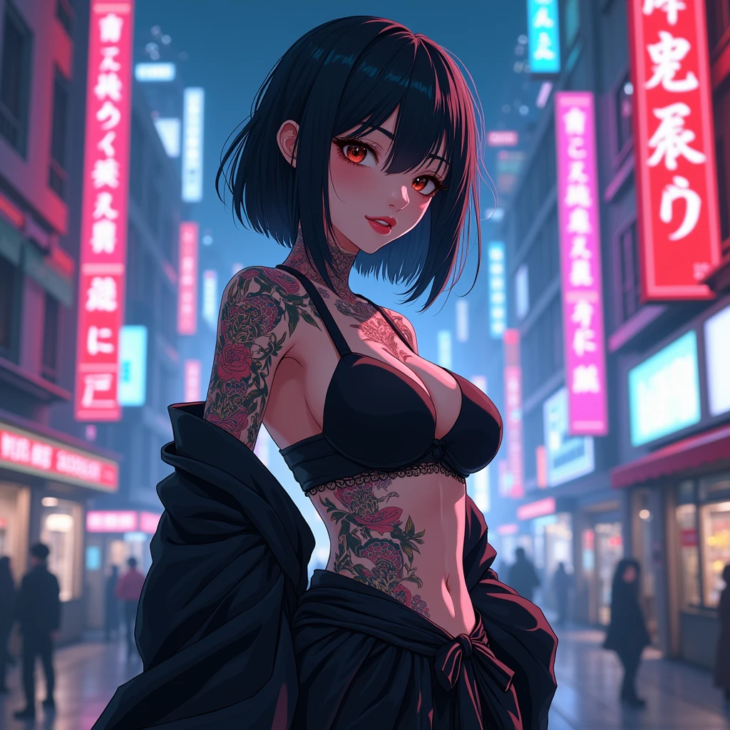 An anime character: Asian woman with oriental tattoos. Her hair is short and straight black.. She is wearing a black bra and a black kimono.. Ao fundo, a cyberpunk setting full of neons.