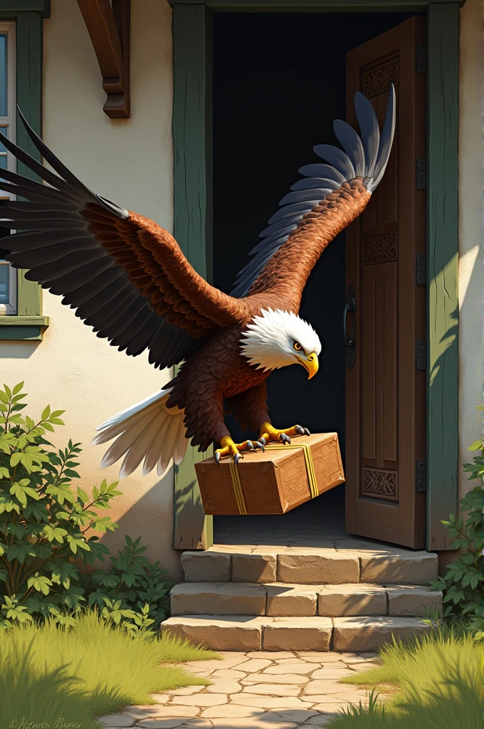 Un oiseau aigle descend à la porte d'une maison pour la livraison d'un colis.