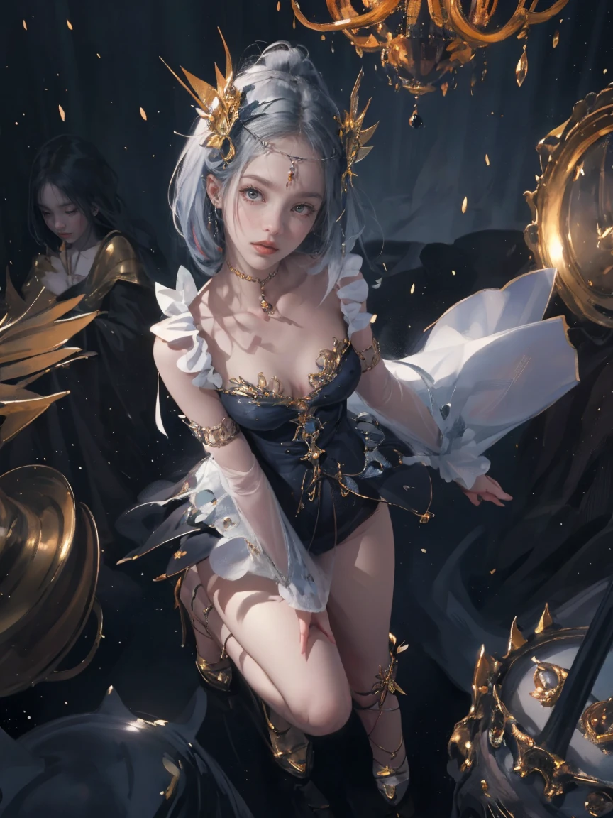 masutepiece、hight resolution、Gothic ta costumes、1girl with、9th class、Look at the viewer、smil、Okappa、(maximalism:1.5)、diffuse lighting、(depth of fields:1.8)、gothic lorita、Diffuse reflection of light、((Background ratio:65%)、high-heels、The background is a beautiful chandelier inside the castle、Glitter background、Beautiful stained glass museum、Angle from above the knee、Breasts are small and B size、A slender、Cleavage is visible。legs are thin and beautiful,the skin is white and transparent,high-heels、Gold Anklet、