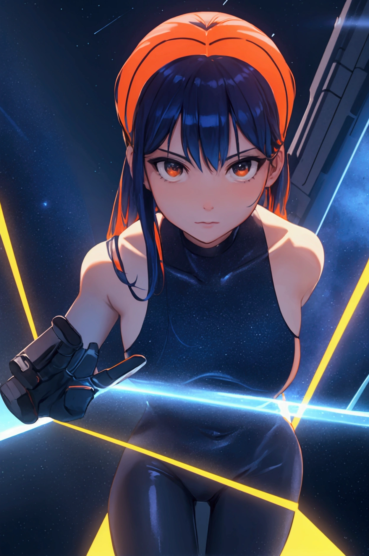 Realistic backdrop, navy blue orange, cyber adventure, vast space, interdimensional sky, technology land, space war.