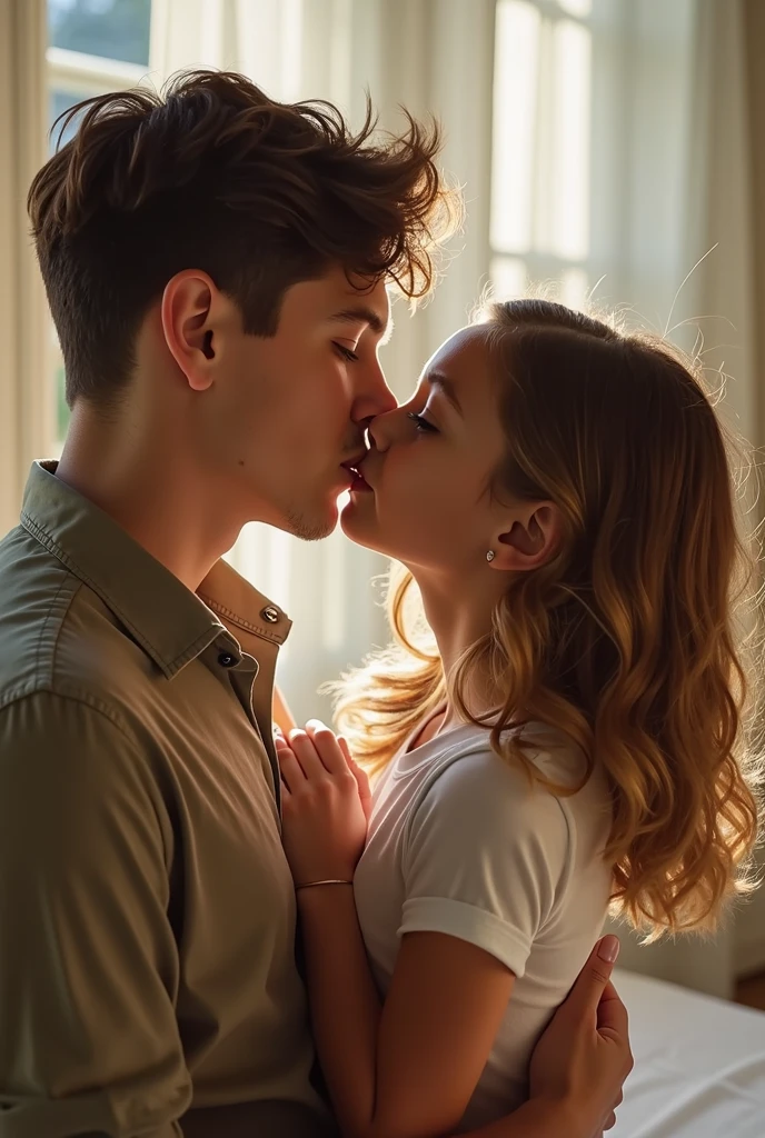 A cute 13 year old girl with medium hair french kissing her 13 year old hot boy friend