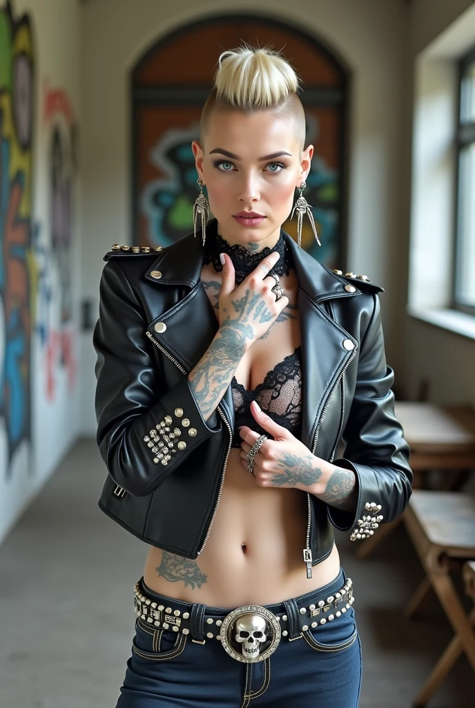 russian old milf woman, blonde hair (quiff, shaved sides), with very light blue eyes, extremely pale. Long neck. Wearing studded cropped black moto jacket (with lots of side zippers and pins) skull bages on sleeves, black and white lace push up bra , dark skinny blue jeans and pointy silver Chelsea boots with cuban heels . Lots of thick wide studded bracelets, chain collars and big rings. Tacky wide studded leather belt with big skull and bones round buckle. Long earrings with feathers. Standing up, humble facial expression. Hands touching her neck in a shy way, showing off bracelets and rings. Chains around belt.. Listening in amazement to somebody speaking to her, well toned and tattooed abdominals, thin neck, slim legs and thin arms. Narrow hips. Pierced belly button. Tattoed heavily. Behind, graffitied brick wall.