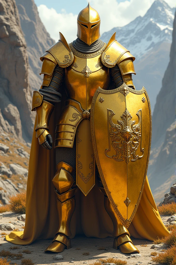 A knight in Golden armor with big shield, in defense pose