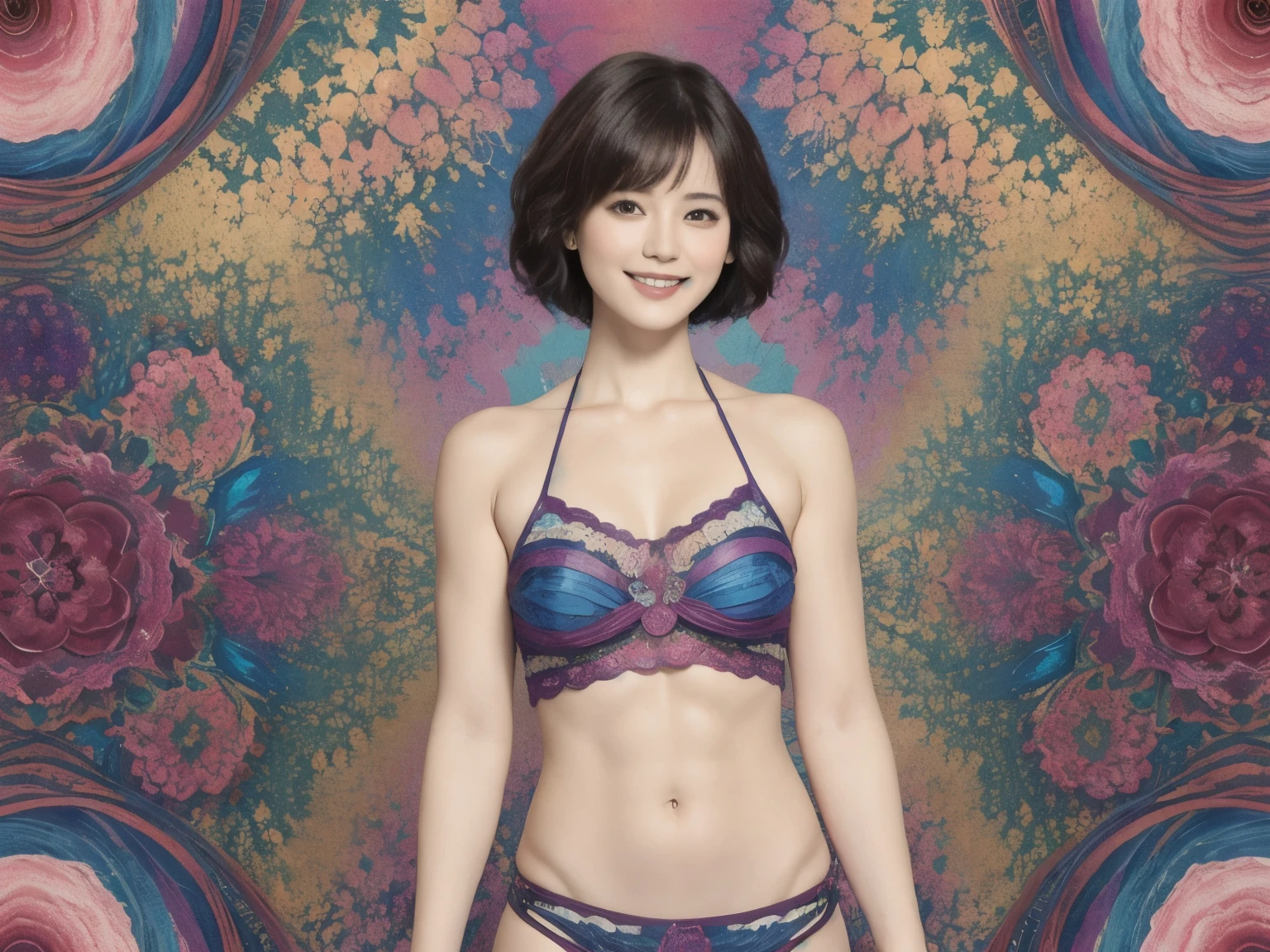 275 (20-year-old woman,short hair), (beautiful:1.1), (Fractal Art:1.2), (flower), whole body, (Abstract background:1.3), (Many colors:1.4), (Old-fashioned smile), Abdominal muscles, (Wave)