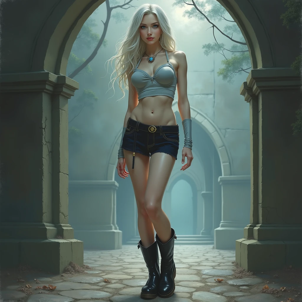 A (((full-body))), ultra-detailed masterpiece fantasy art painting, in the style of Dungeons and Dragons, of an ethereally beautiful 18-year-old woman. She has doll-like caucasian features and ((very pale porcelain skin)). Her large eyes are a striking blue, and she is wearing ((heavy black eye shadow)). She has a very slim ((petite body)) with long (((thin legs))). Her ((huge round breasts)) look far too large for her skinny body. She is wearing a tight crop top, an extremely short miniskirt, and black boots. She is standing, facing toward the viewer, and her (((whole body from head to toe))) is shown in the photo.