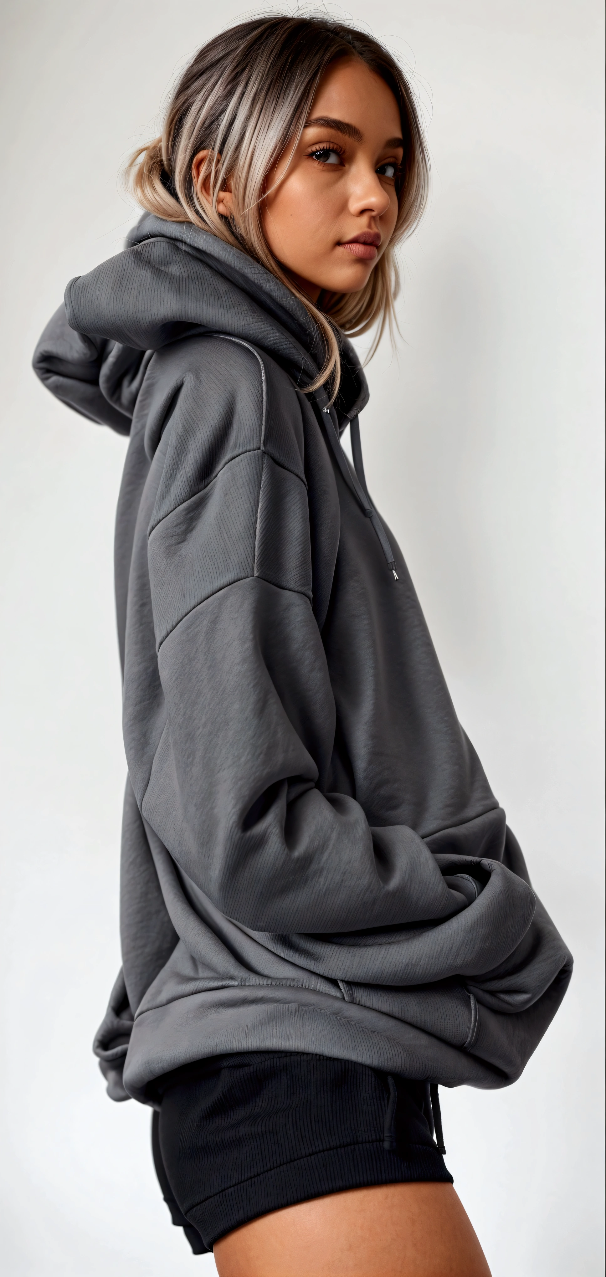 a woman in a gray hoodie and black shorts posing for a picture, girl wearing hoodie, gray hoodie, wearing hoodie, wearing an oversized hoodie, grey hoodie, oversized hoodie, in a hoodie, hodie mihi cras tibi, oversized, wearing a hoodie, hoodie, grey hoodie opened, in a black hoodie, dark grey, wearing a hoody, wearing sweatshirt