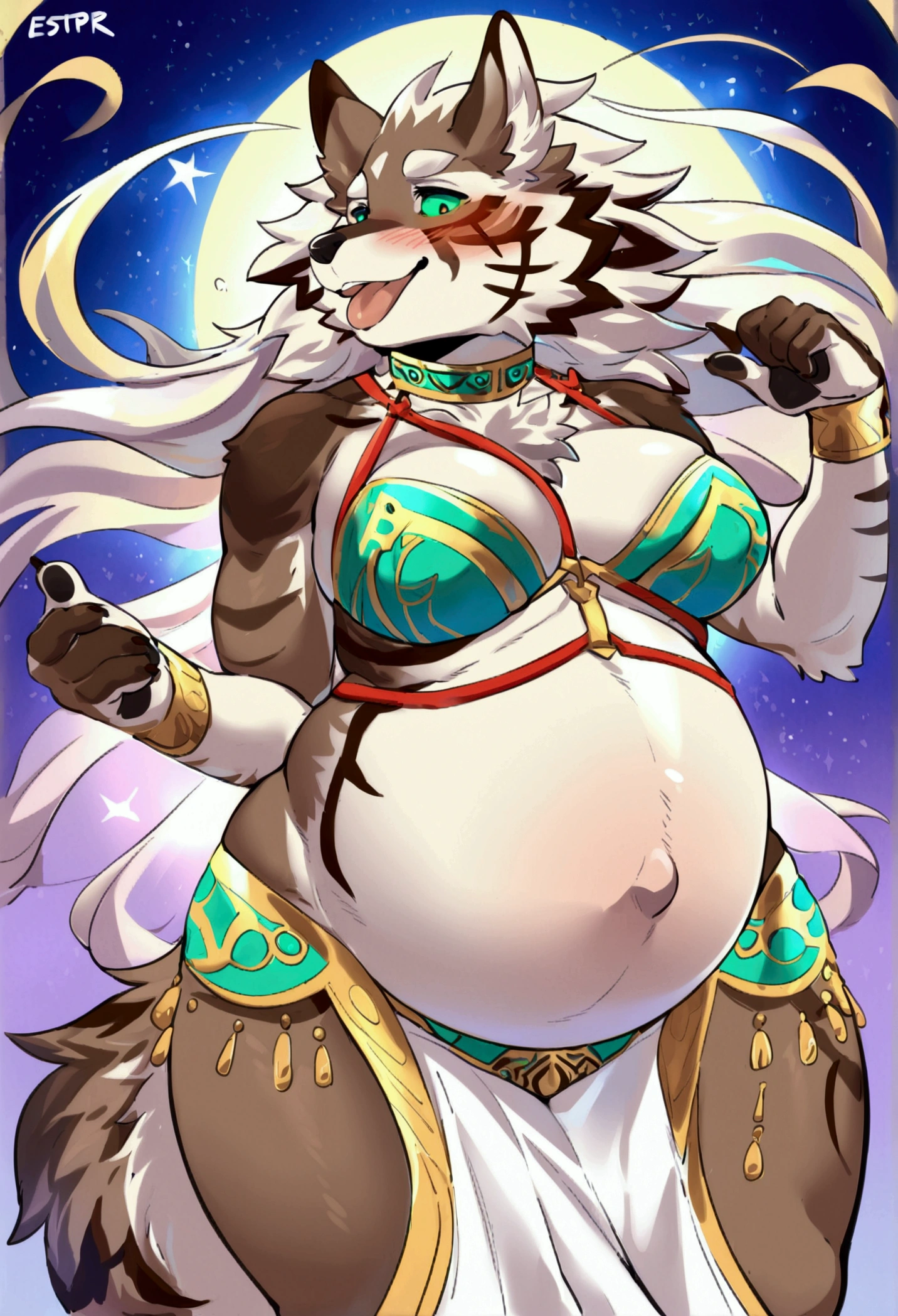 top quality, best quality, by estper, High-quality illustrations, masterpiece), (kemono, furry anthro), very beautiful and detailed body face and eyes, round, 1 female, jackal, Seth, (Tokyo Afterschool Summoners), slightly chubby, mature face, brown furs, fluffy, tail, big breasts, perfect eyes, green sclera eyes, beautiful chinese belly dancer clothes, harness, body movement, body twitching, beautiful pregnant, red blushing, clumsy,