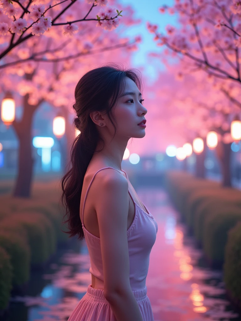 8k Beautiful Asian Woman With big , walking through the sakura gardens in Tokyo with a Neon Colors behind