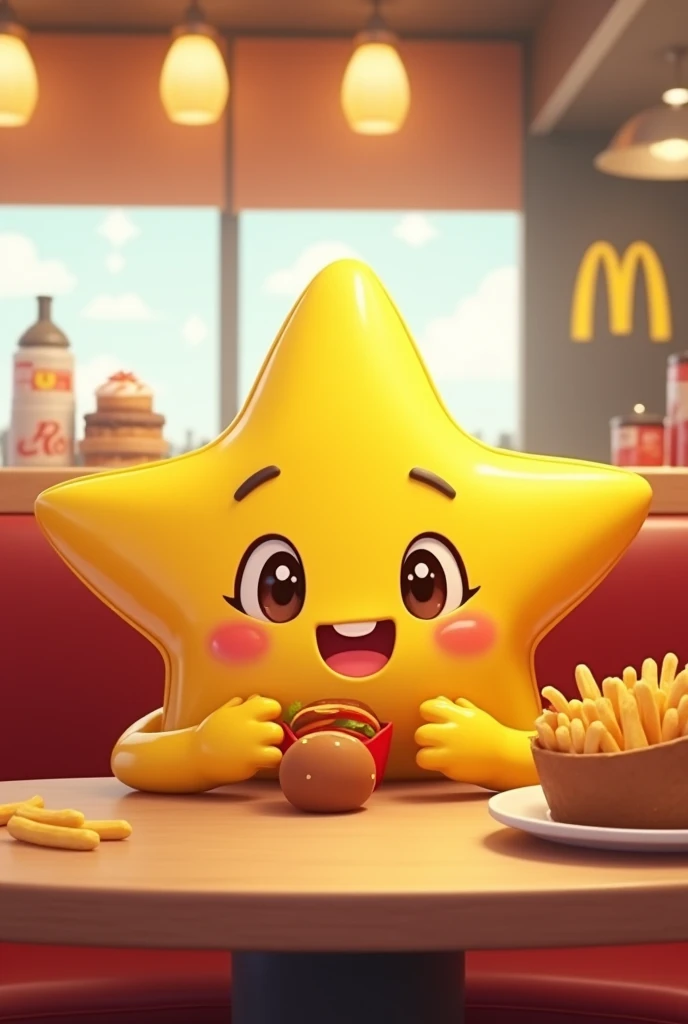 Create a cute little star at McDonald&#39;s by eating McDonald&#39;s, sitting down, glad 