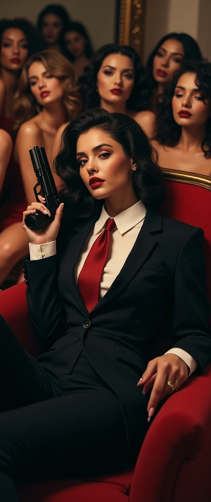 a stylish woman in a suit and tie reclining with gun while laying flat, with multiple girls laying around her their legs visible in the frame, fashion,elegant,glamorous posture (best quality,4k,8k,highres,masterpiece:1.2),ultra-detailed,(realistic,photorealistic,photo-realistic:1.37),HDR,UHD,studio lighting,ultra-fine painting,sharp focus,physically-based rendering,extreme detail description,professional,vivid colors,bokeh,portrait,high fashion,elegant,glamorous,cinematic,dramatic lighting,moody,mysterious,sensual,sophisticated