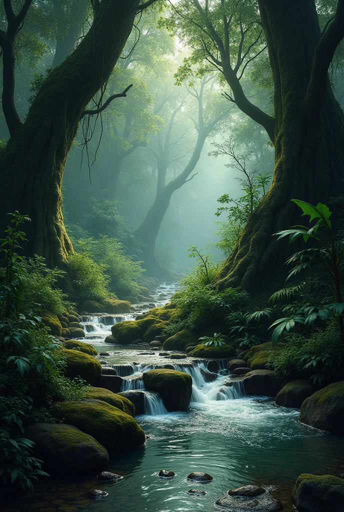 inside thick dark forest water rocks leaves