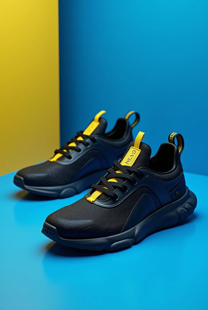 Vivid high-resolution image showing black sneakers with yellow accents with white soles, featuring intricate design details that stand out against a monotone blue background. The sneaker takes center stage, showcasing its textured surface and vibrant colors. The combination of clean lines and subtle imperfections creates a compelling visual effect., poster, 3d render, illustration, photoLess