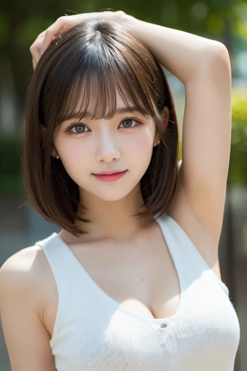 masutepiece, Best Quality, Illustration, Ultra-detailed, finely detail, hight resolution, 8K Wallpaper, Perfect dynamic composition, Beautiful detailed eyes, Women's Fashion Summer,Short bob hair,Small breasts natural color lip, Bold sexy poses,Smile,Harajuku,18 years girl,Cute,Sexy shot looking at camera,Sleeveless knitwear,White knitwear,Armpits,bura,Floral hair ornament,Large Breasts:1.8, Slim Body:1.5,