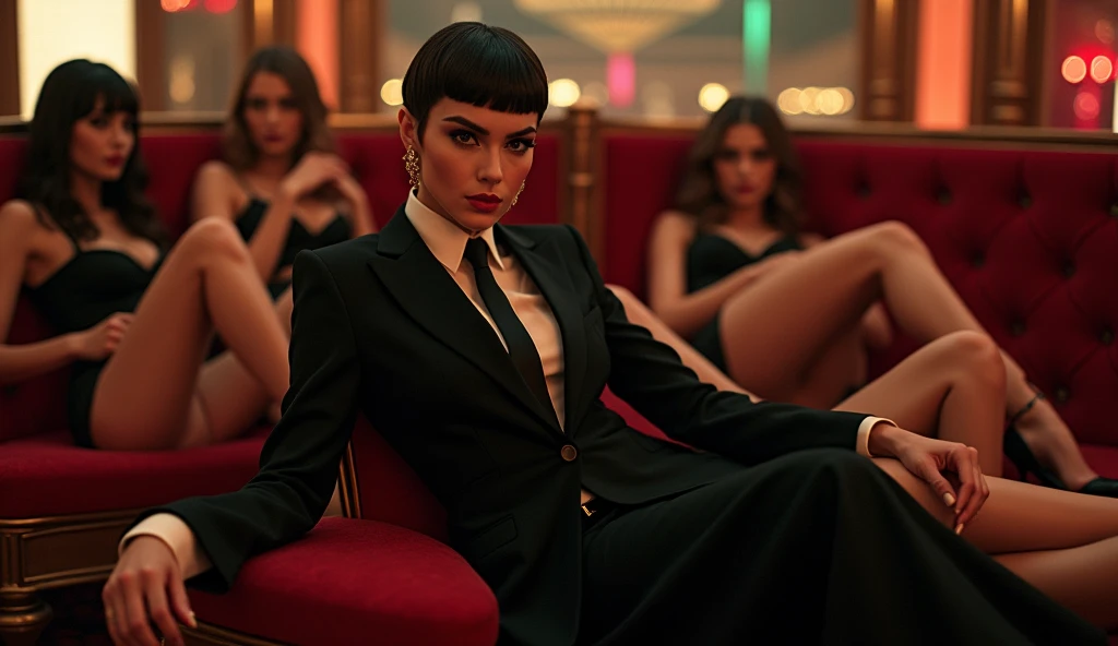 a stylish tomboy woman in casino short hair in a suit and tie with sleek pistol  reclining while laying flat, touching basking in multiple girls laying around her their legs visible in the frame, fashion,elegant,glamorous posture (best quality,4k,8k,highres,masterpiece:1.2),ultra-detailed,(realistic,photorealistic,photo-realistic:1.37),HDR,UHD,studio lighting,ultra-fine painting,sharp focus,physically-based rendering,extreme detail description,professional,vivid colors,bokeh,portrait,high fashion,elegant,glamorous,cinematic,dramatic lighting,moody,mysterious,sensual,sophisticated