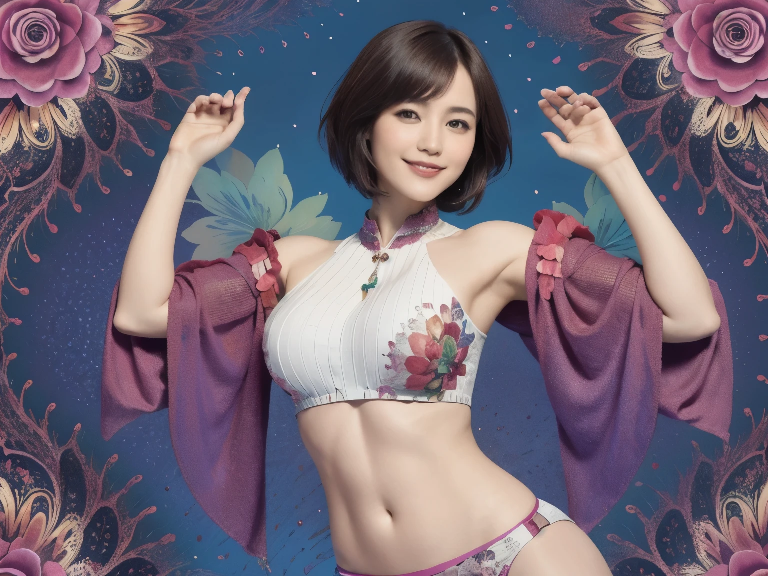 275 (20-year-old woman,short hair), (beautiful:1.1), (Fractal Art:1.2), (flower), whole body, (Abstract background:1.3), (Many colors:1.4), (Old-fashioned smile), Abdominal muscles, (Wave)