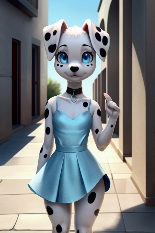 Small, slim, female Dalmatian dog with nice big thighs and white fur with black spots and cute blue eyes and is wearing a short dress with a full body mini skirt and is .