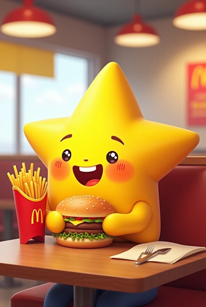 Create a cute little star at McDonald's by eating McDonald's, sitting down, glad