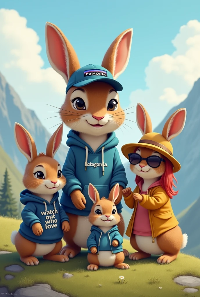 four rabbits on a mountain, the FIRST and largest rabbit is male and wears a cap from Patagonia. The SECOND rabbit is also male and a bit smaller than the first. He wears a hoodie that says "watch out who you love". The THIRD rabbit is female and a bit smaller than rabbit two, with sunglasses and long blonde hair. The FOURTH rabbit is also female and wears a sun hat and has red hair.