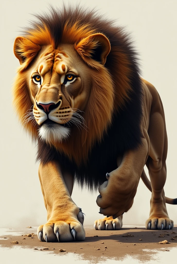 Pose: Focus on the lion's head facing to the left, with a strong and noble expression. The design should include the lion's head and its front paws, positioned as if the lion is ready to pounce or is in a poised, alert stance.