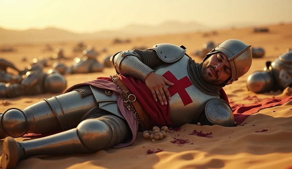 A highly realistic, high-contrast, 8K HD, detailed, hyper-detailed image of a Crusader knight, clad in steel armor with a red cross on his tunic, lying in the desert, clutching his wounded abdomen in agony. The scene is grim, with the knight struggling to stay conscious, his face twisted in pain. Around him, the sandy battlefield is littered with the lifeless bodies of his fallen comrades, their armor reflecting the harsh desert sunlight. The sand is stained with blood, and the atmosphere is heavy with the aftermath of a brutal battle. The distant horizon is blurred by the heatwaves, adding to the sense of desolation and despair. The image is of the highest quality, with ultra-high resolution, RAW photo quality, and Unreal Engine rendering, capturing the intense suffering and hopelessness of the moment as the Crusader knight endures his final moments in the unforgiving desert.
