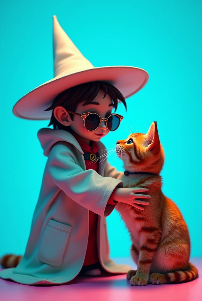 The best cell phone wallpaper, Award-Winning Wallpaper, portrait photography, In the front view is a portrait of a cute wizard with a mushroom hat playing with his cute cat wearing mid-1960s space age fashion, Side view photo, Shot with Canon EOS R5, Set a strong contrast that accentuates the subject, Fluorescent blue tone, Wearing a very modern coat and sunglasses is a modern 1960s style, Clothes all in one color, beautiful background