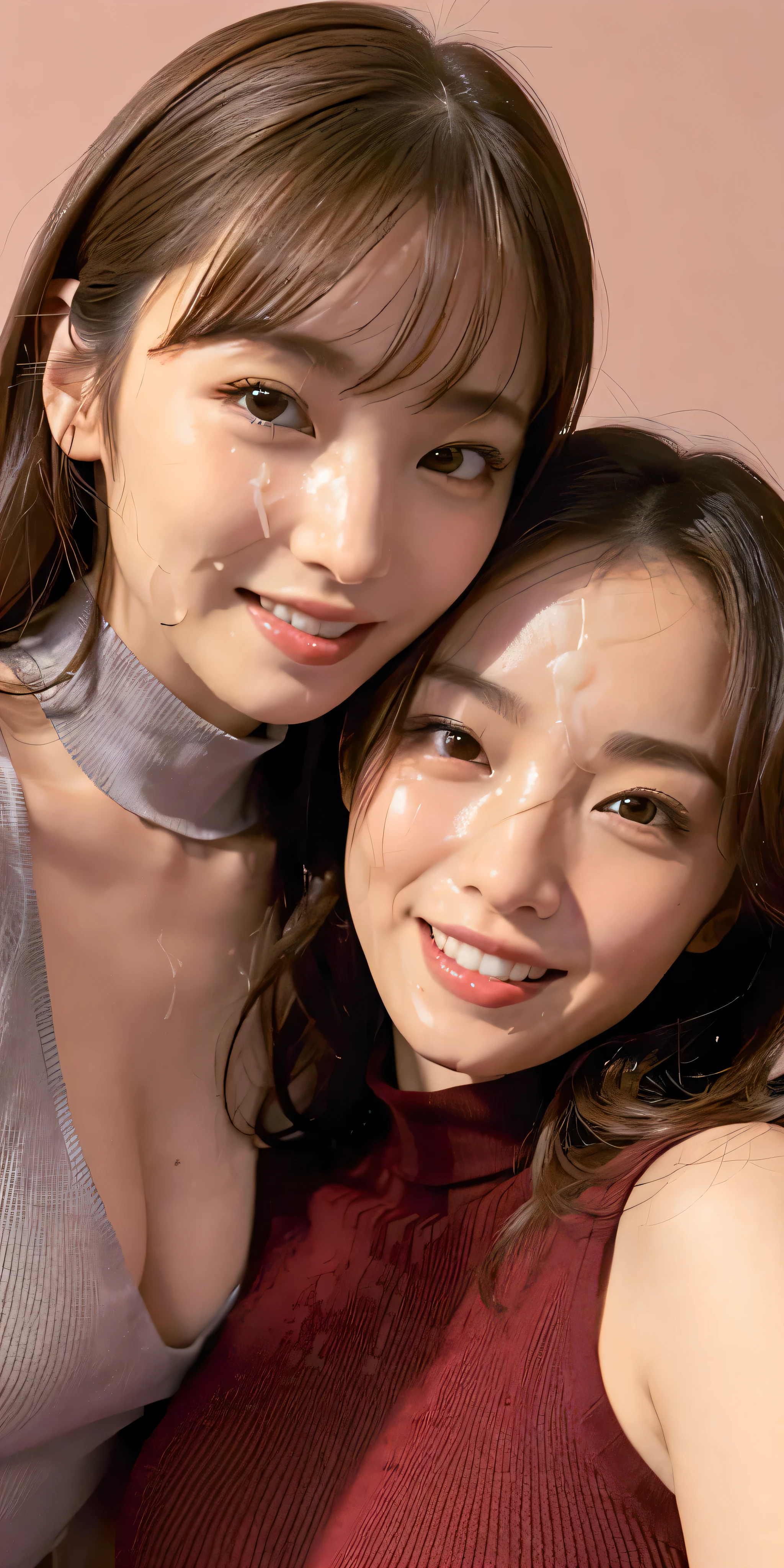 (Tabletop、Highest quality、8k、Award-winning works、Ultra-high resolution)、(Group photo of two women 1.4)、(The perfect red turtleneck:1.1)、(Semen-stained red turtleneck:1.1)、Big Breasts、Accentuate your body lines、very long wavy hair、Bright and shiny lipstick、(The biggest smile looks at me:1.1)、(Please smile widely and show your beautiful teeth.:1.1)、(Two women standing side by side:1.4)、Glowing Skin、(Face close-up:1.5)、(Light Pink Background:1.1)、Accurate anatomy、Ultra HD Hair、Ultra-high definition beauty face、Shining, Ultra-high resolution beautiful skin、Ultra-high resolutionの艶やかな唇、(Face covered in lots of:1.5)、(Two women facing the front:1.3)、(The body faces straight ahead:1.1)