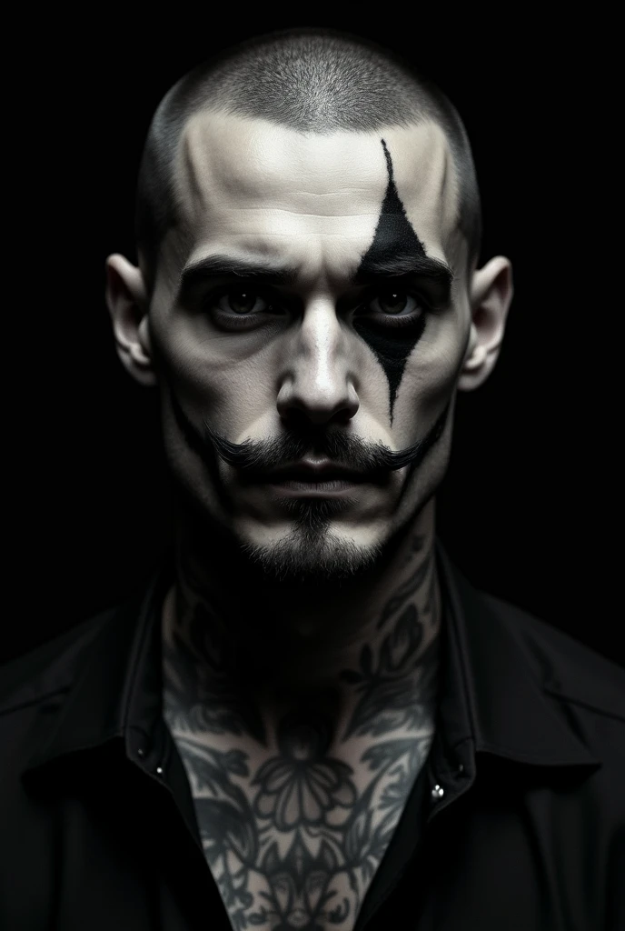 Tattooed male model shaved head, pointy mustache, soul pach, visible glasgow smile scars (scars like Heath ladgers jocker, from the corner of the mouth in the direction of the
ear, both sides, left and right) slim fitt, face and neck emerging from absolute darkness. Eyes open