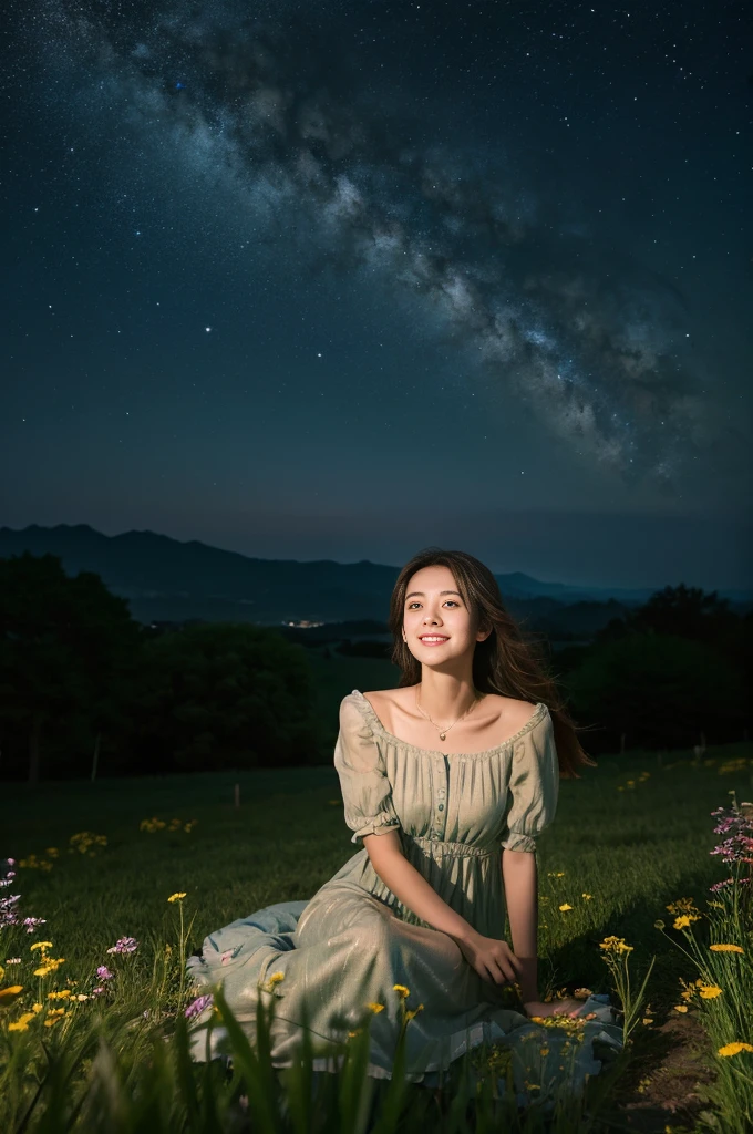  20 year old beautiful girl、Highest image quality、realistic、16K、beautiful woman、(4K, RAW Photos, Highest quality, Tabletop: 1.2), (Realistic, Realistic: 1.37), One Girl, cute, [Core Concepts]
Young woman with huge, Starry Sky, Her eyes are hidden by stylish sunglasses.

[Character description]
The girl is young々It is beautifully drawn.、, Graceful appearance, Her face is soft in the dim light.、, Enhanced by the fantastic lighting effects at night、. Her facial expression、It&#39;s one of wonder and contemplation as we witness the grandeur of the universe..

[environment/background]
The stage is quiet, Night Scenery, is placed in an open area、, Quiet outdoor atmosphere, Probably a meadow or a secluded hilltop, An unobstructed view of the celestial expanse.

[Style and atmosphere]
The overall atmosphere is one of silence and reflection., Like a dream、, Scenes of almost surreal quality, faint, Momentous tone and timeless feel.

[composition]
The composition places the girl in the center of the frame.、, The gaze that raised her face、It draws the viewer&#39;s attention to the mesmerizing night sky., Create a sense of scale and wonder.

[Details and decoration]
Subtle details, The gentle breeze that blows through the girl&#39;s hair and the faint glow of a distant star, Add depth and realism to your scenes, Further quietening the audience, A moment of meditation.

[Technical Specifications]
The images are highly detailed and accurately rendered, A combination of photorealistic and stylish elements、Creating visually striking and emotionally moving representations of scenes.

smile、smile、Full body、Shooting from a distance - full body