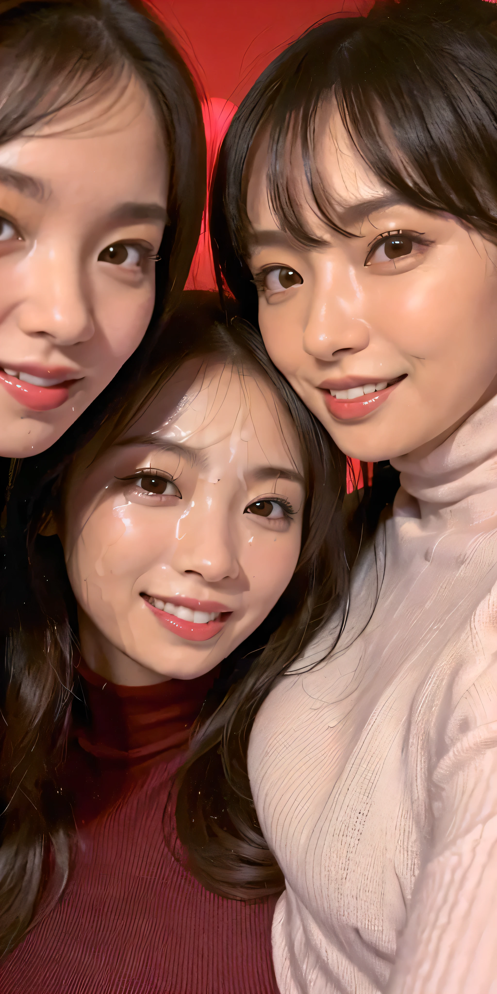 (Tabletop、Highest quality、8k、Award-winning works、Ultra-high resolution)、(Group photo of two women 1.4)、(The perfect red turtleneck:1.1)、(Semen-stained red turtleneck:1.1)、Big Breasts、Accentuate your body lines、very long wavy hair、Bright and shiny lipstick、(The biggest smile looks at me:1.1)、(Please smile widely and show your beautiful teeth.:1.1)、(Two women standing side by side:1.4)、Glowing Skin、(Face close-up:1.5)、(Light Pink Background:1.1)、Accurate anatomy、Ultra HD Hair、Ultra-high definition beauty face、Shining, Ultra-high resolution beautiful skin、Ultra-high resolutionの艶やかな唇、(Face covered in lots of:1.5)、(Two women facing the front:1.3)、(The body faces straight ahead:1.1)