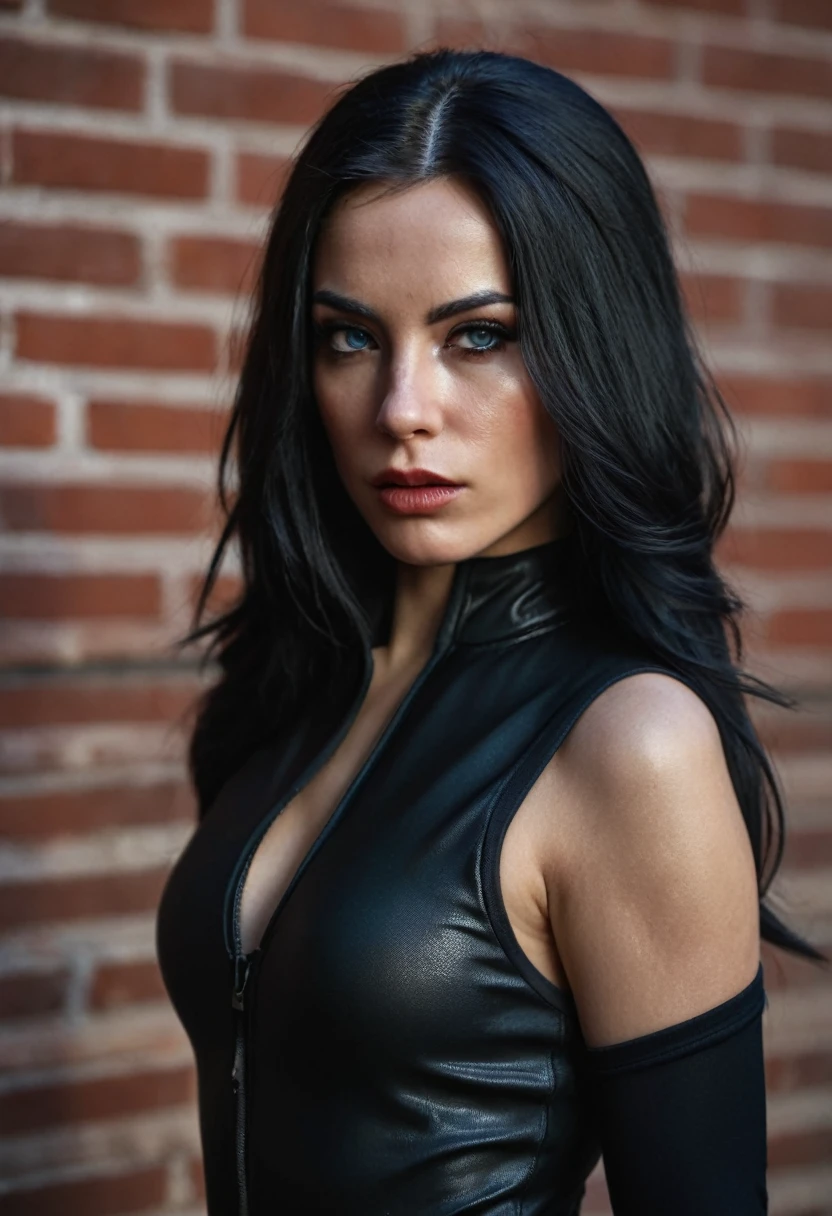 a sexy female assassin in a black catsuit, beautiful detailed eyes, beautiful detailed lips, extremely detailed face and body, long black hair, deadly expression, cinematic lighting, highly detailed, photorealistic, masterpiece, 8k, hyper-realistic, vibrant colors, chiaroscuro lighting, dramatic shadows, gritty urban setting, moody atmosphere