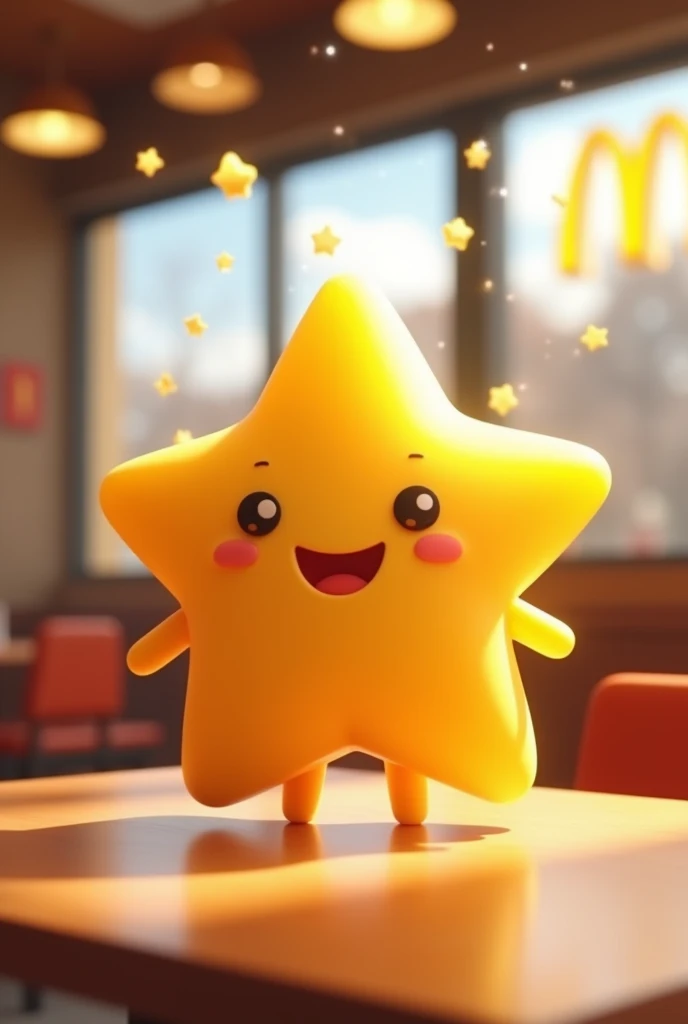 Create a cute and pretty star at McDonald's by eating McDonald's, sitting down, glad
