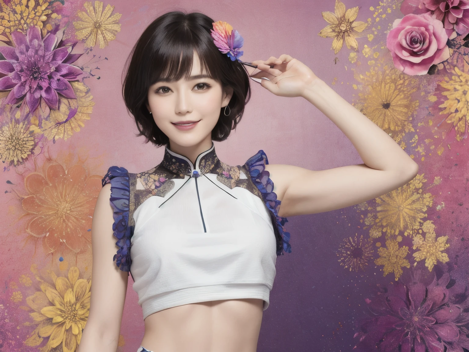 275 (20-year-old woman,short hair), (beautiful:1.1), (Fractal Art:1.2), (flower), whole body, (Abstract background:1.3), (Many colors:1.4), (Old-fashioned smile), Abdominal muscles, (Wave)
