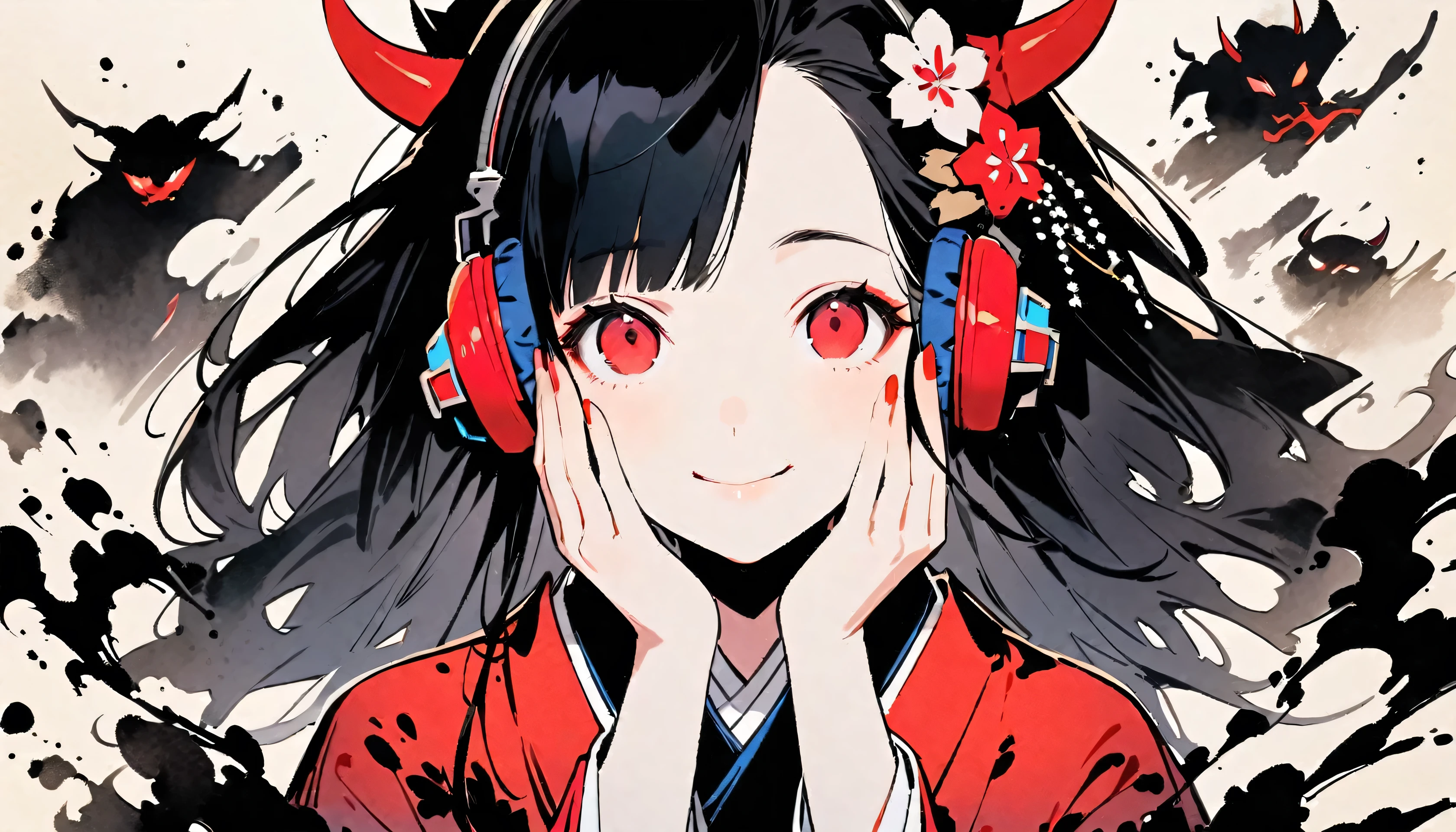 ((Ink Painting)), (((1 person))), (((gorgeous hair accessory))), Japanese style headphones, Face close-up, Beautiful Japan, Black Hair, Put your hands on your face, smile, devil, Droopy eyes, Red eyes