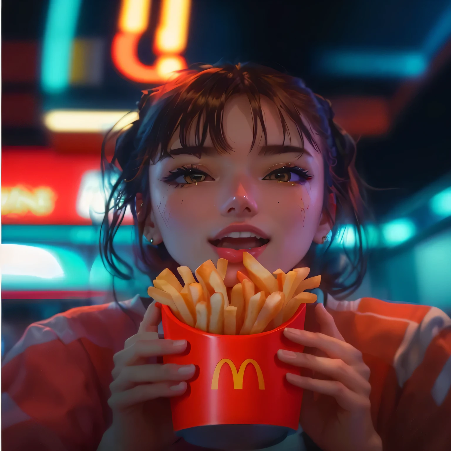 a woman holding a red cup with french french fries in it, with french fries, LOFI Girl aesthetic, serving french fries, ❤🔥🍄🌪, food commercial 4k, LOFI Girl, Larisa Manovar, Eating inside McDonald's, taehyung eating gucci french fries, 8K Art Germany Bokeh, french fries, Brandon Woelfel, french french fries as armsビジュアル: Neon lit night city background。A young woman holds McDonald&#39;s French fries with a surprised look on her face。
Camera Motion: A zoomed-in shot slowly approaching her。A scene that emphasizes the vivid colors of the potatoes and her facial expression.。
